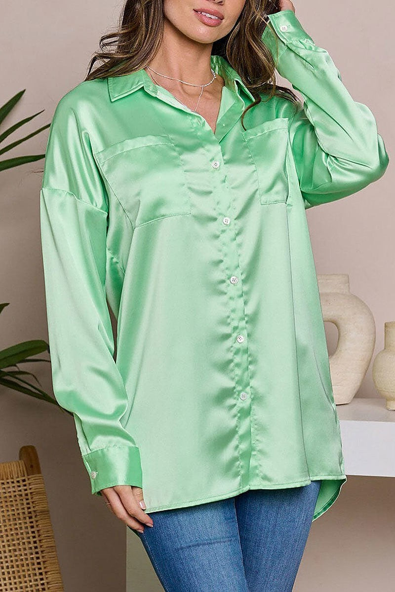 Long sleeve button up silk blouse top (EFWT6290)