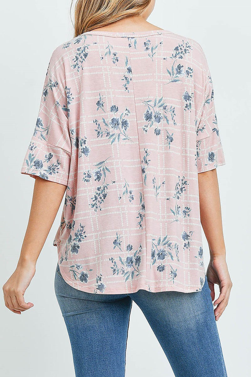 V neck floral plaid print top (ED9272)