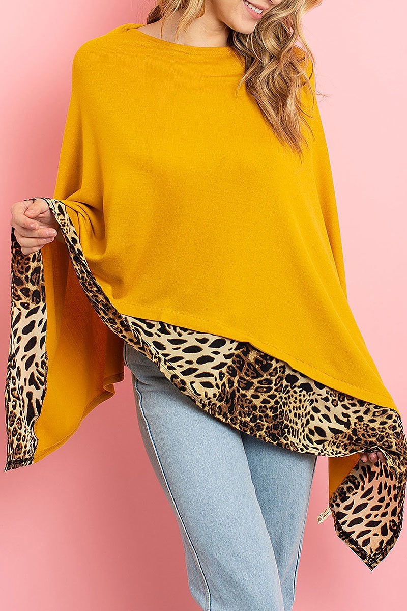 Leopard trim loose fit poncho cardigan (ED8200)