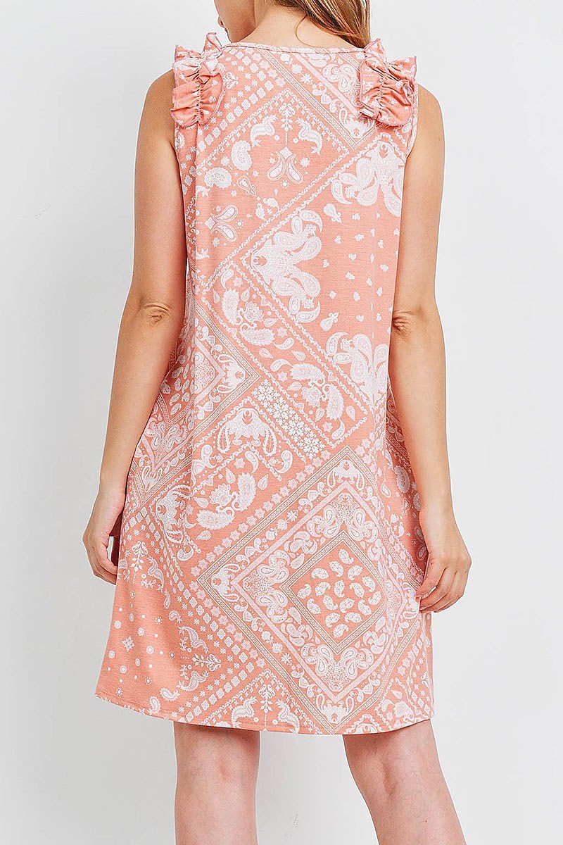 Sleeveless shoulder ruffle detail paisley pocket dress (DED6582)