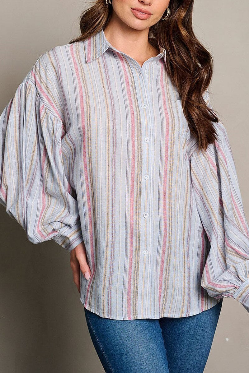 Long sleeve stripes button up blouse top (EGWT2049)