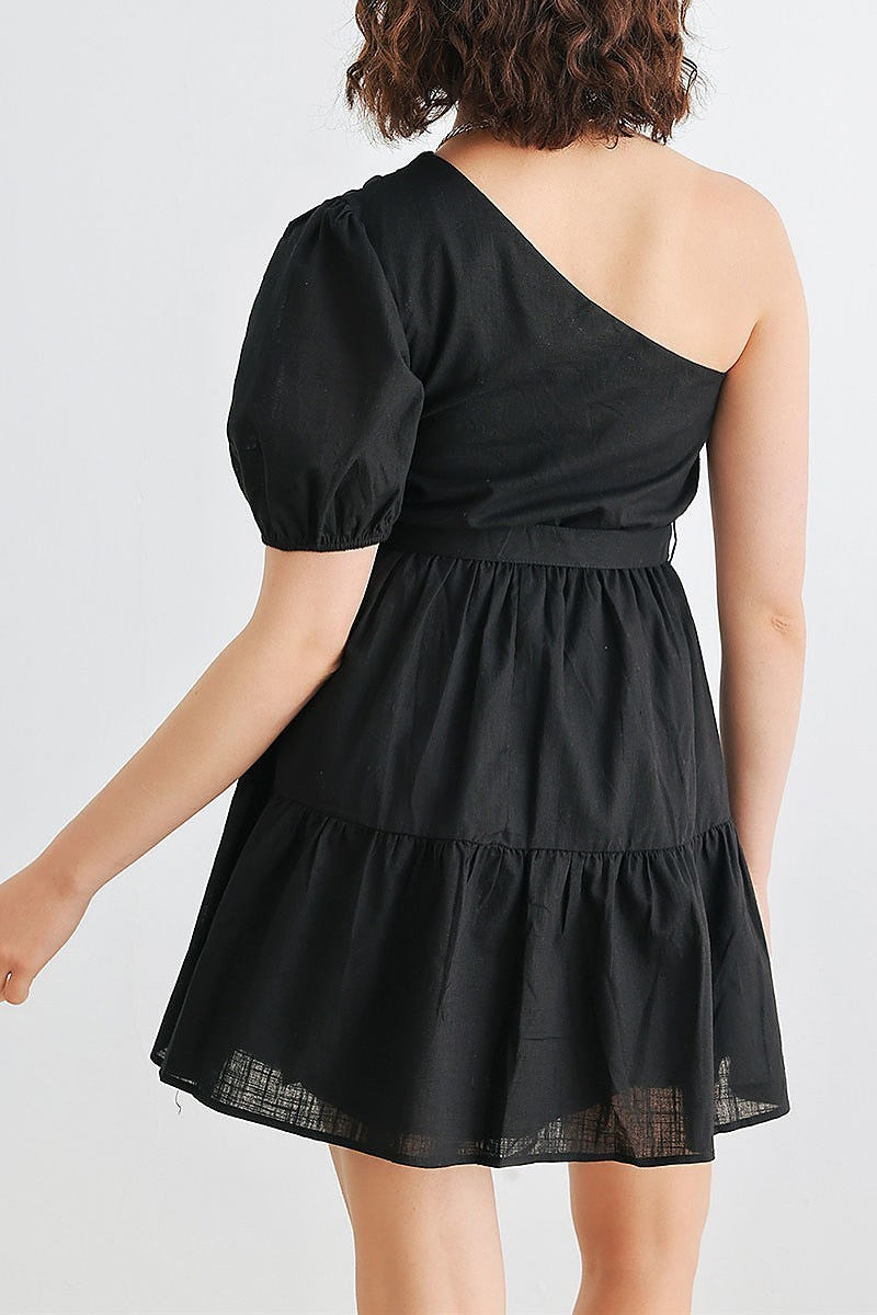 Cotton one shoulder belted mini dress (TED1941)