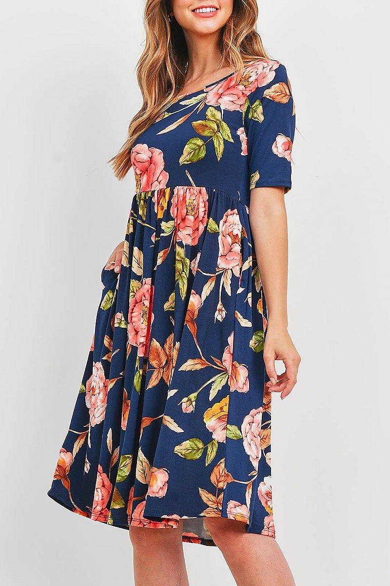 Empire waist floral print side pocket midi dress (DED6358)