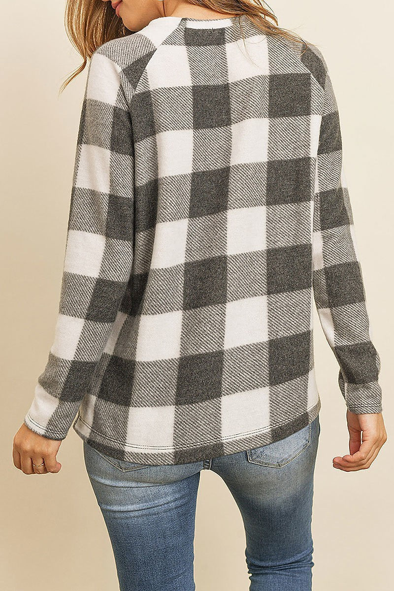 Terry brushed plaid pullover top (ED8079-LAST)