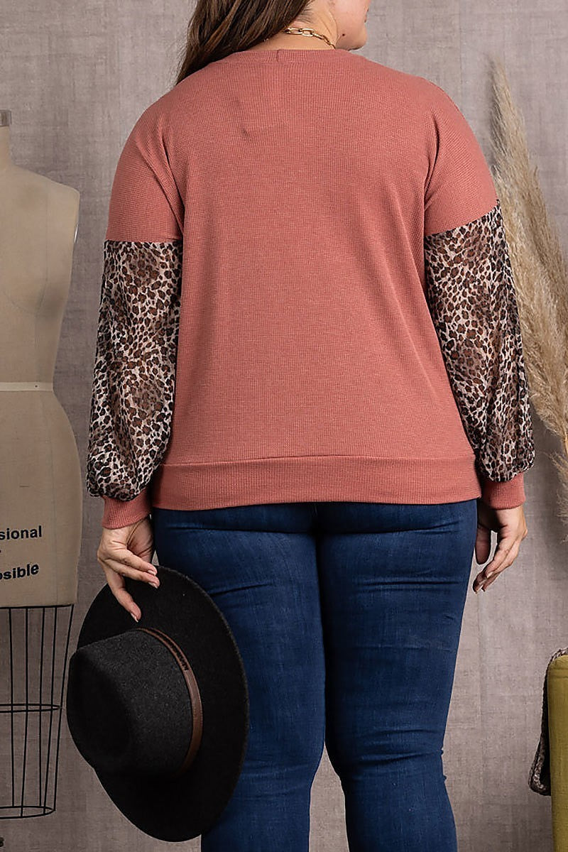 Animal print rib stitch contrast plus size top (EDSW3692)