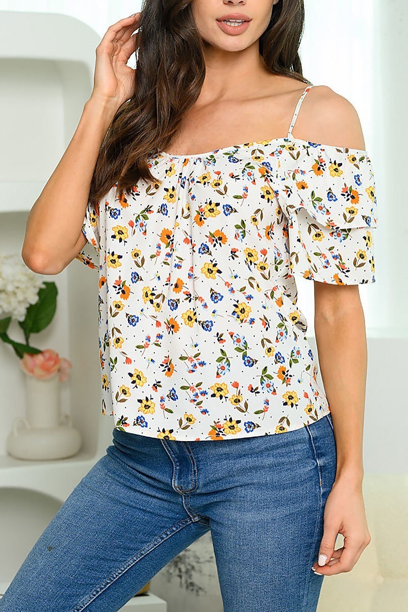 Cold shoulder ruffle floral top (EDWT6070)