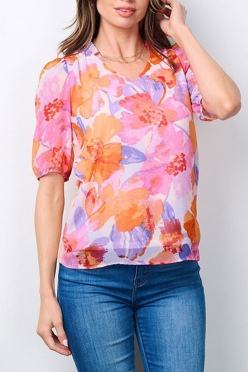 Short sleeve v-neck floral blouse top (EFWT7241)