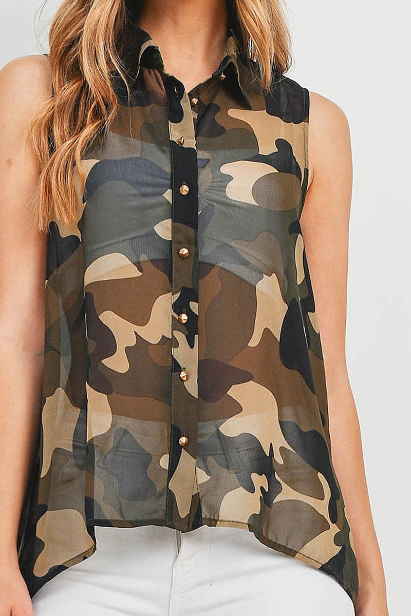 Button front sheer camo top (EF1069)