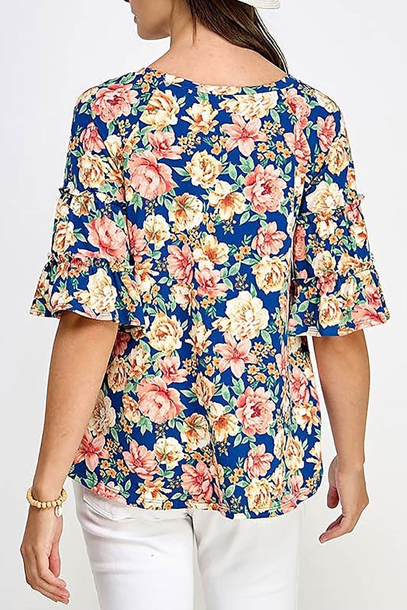 Tiered bell sleeve floral knit top (EF7339)