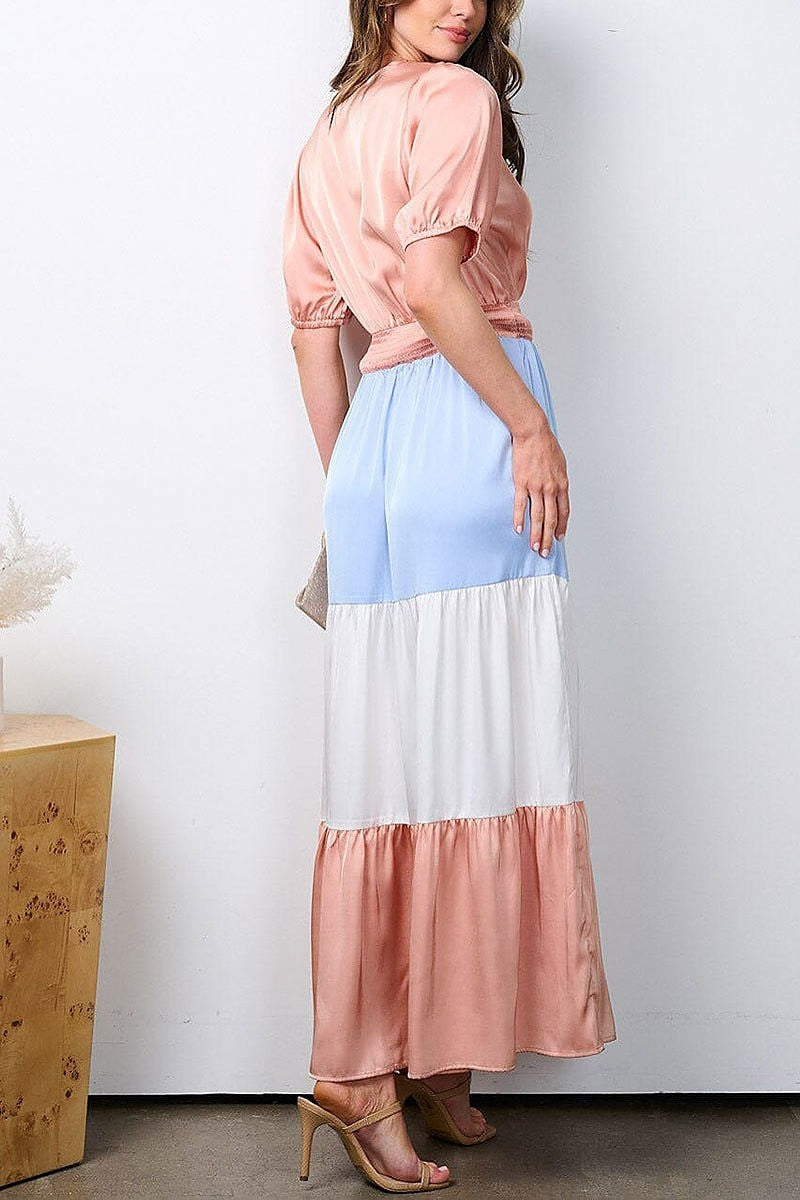 Surplice smock waist colorblock maxi dress (EFWT7326)