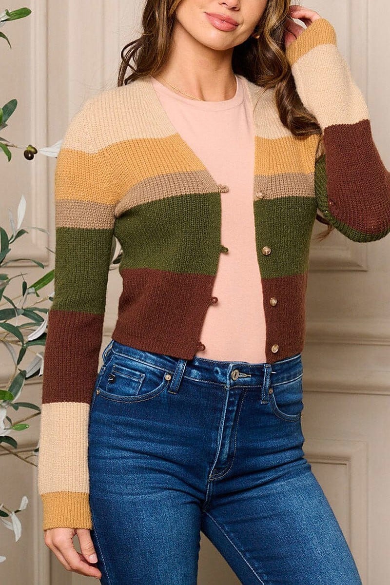 Long sleeve button closure colorblock sweater (EFWT5428)