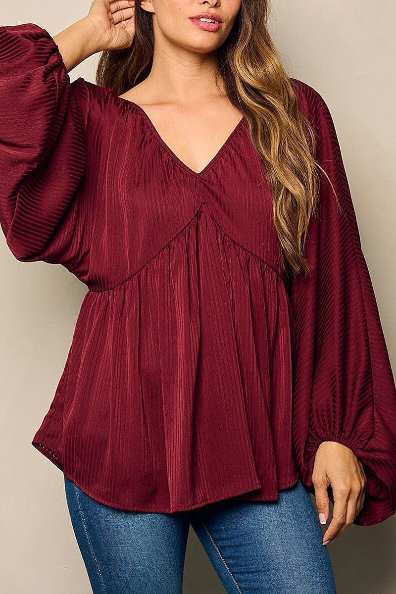 Long ballon sleeve v-neck tunic blouse top (EFWT4811)