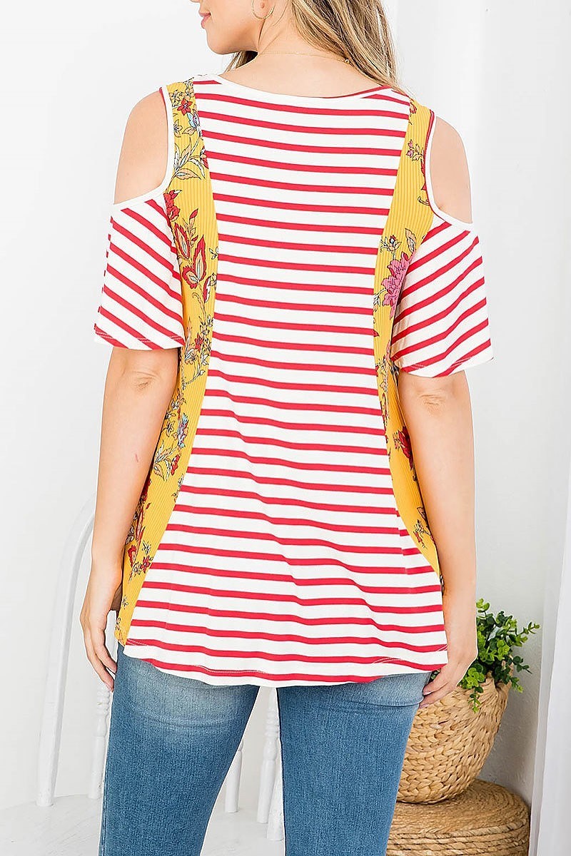 Stripe floral cutout shoulder color block top (EF4333)