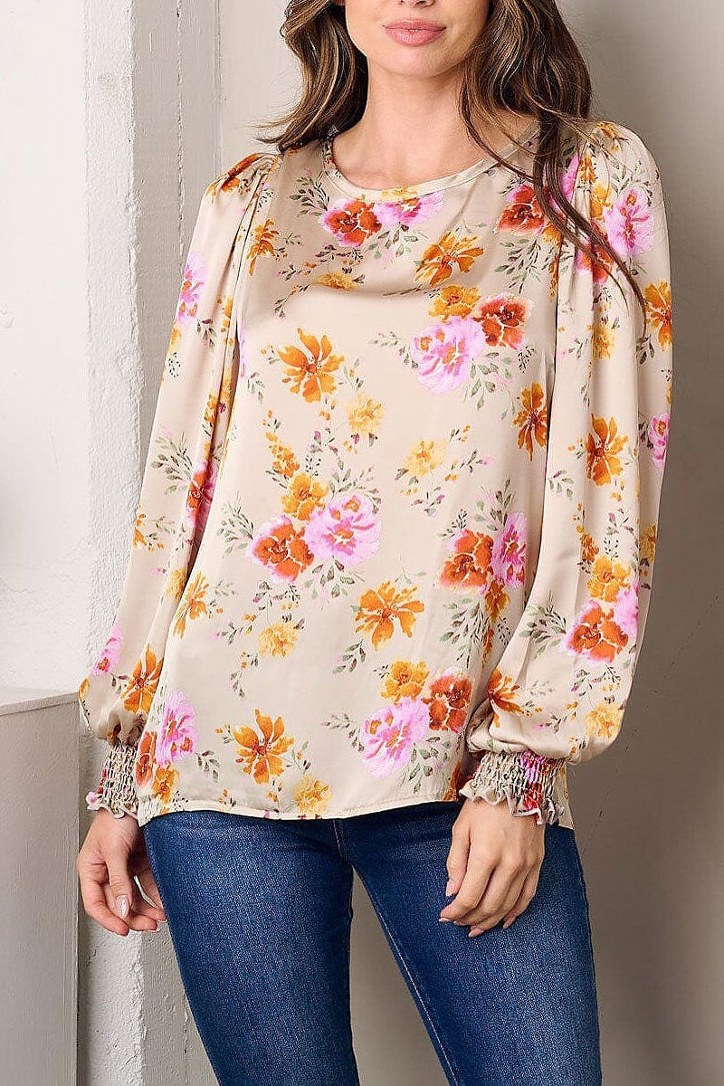 Long sleeve floral satin top (EFWT3001)