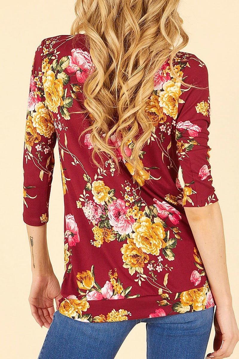 V neck quarter sleeve floral twisted hem top (EF4971)