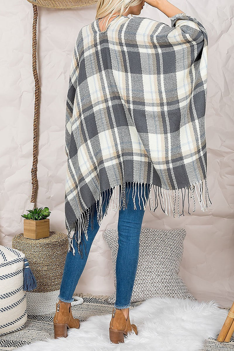 Plaid open front fringe ruana kimono (DGS5555)