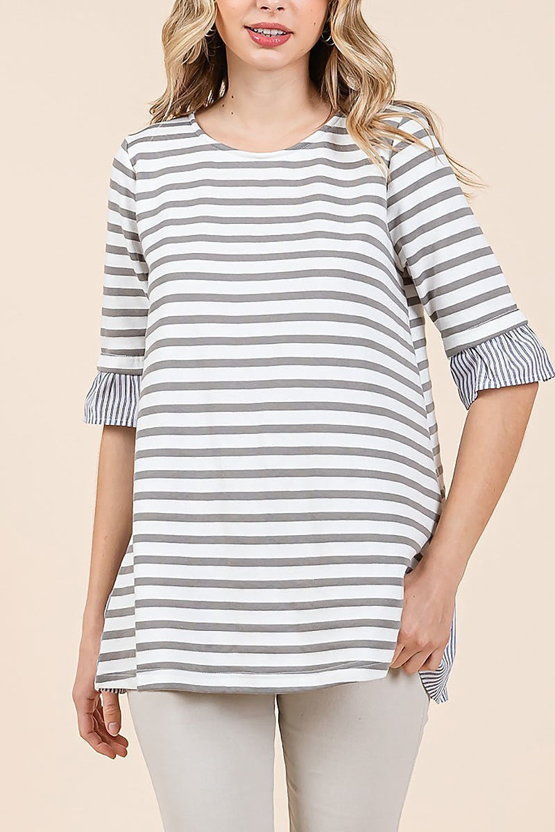 Cotton stripe lace up detail top (EDH2135)