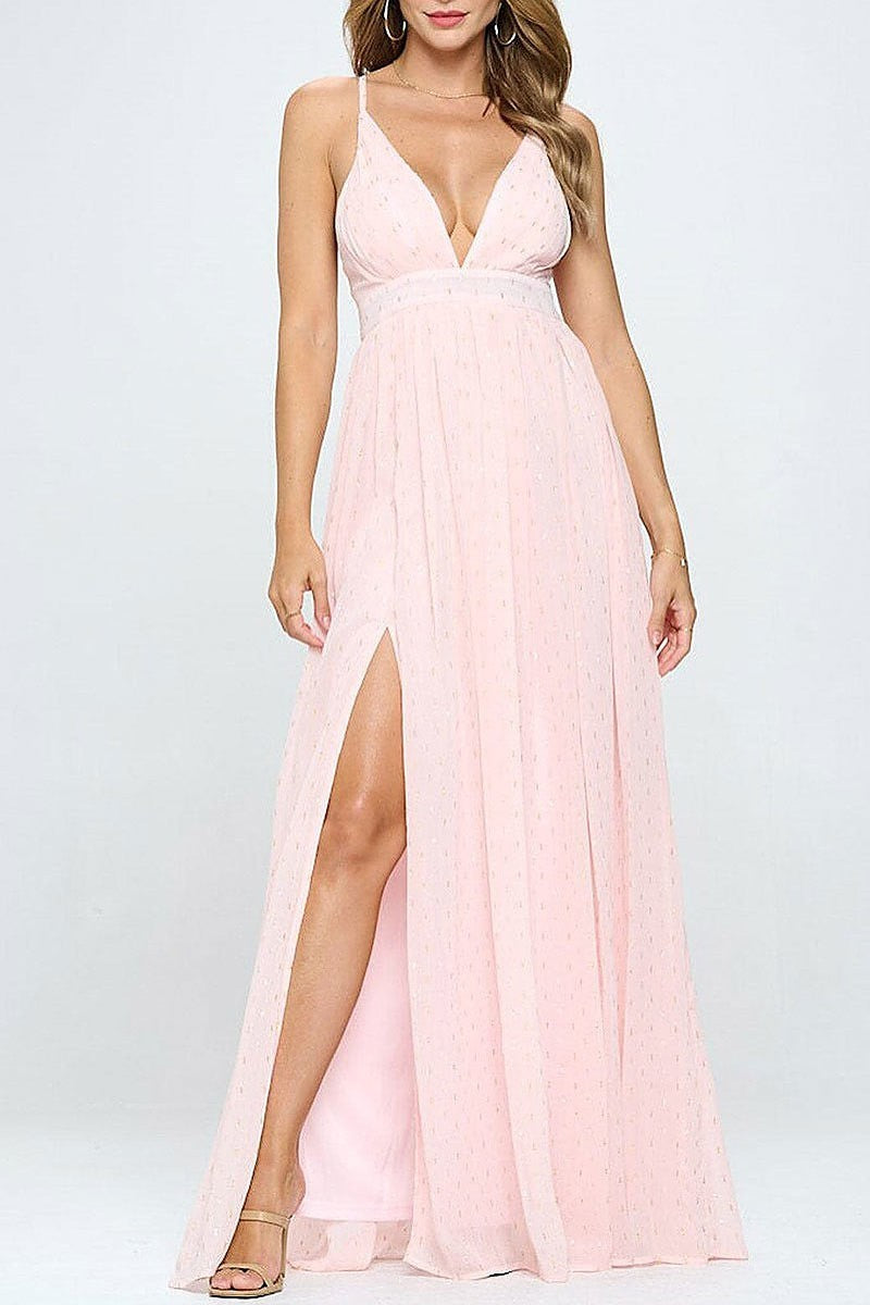 Sleeveless v-neck front slit shimmer maxi dress (EFWT7665)