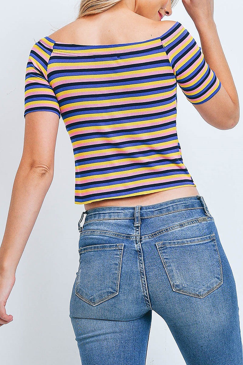 Boat neck button front stripe crop top (EF2248)