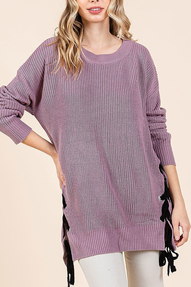 Crew neck drop shoulder sweater with lace up (EDH2127)