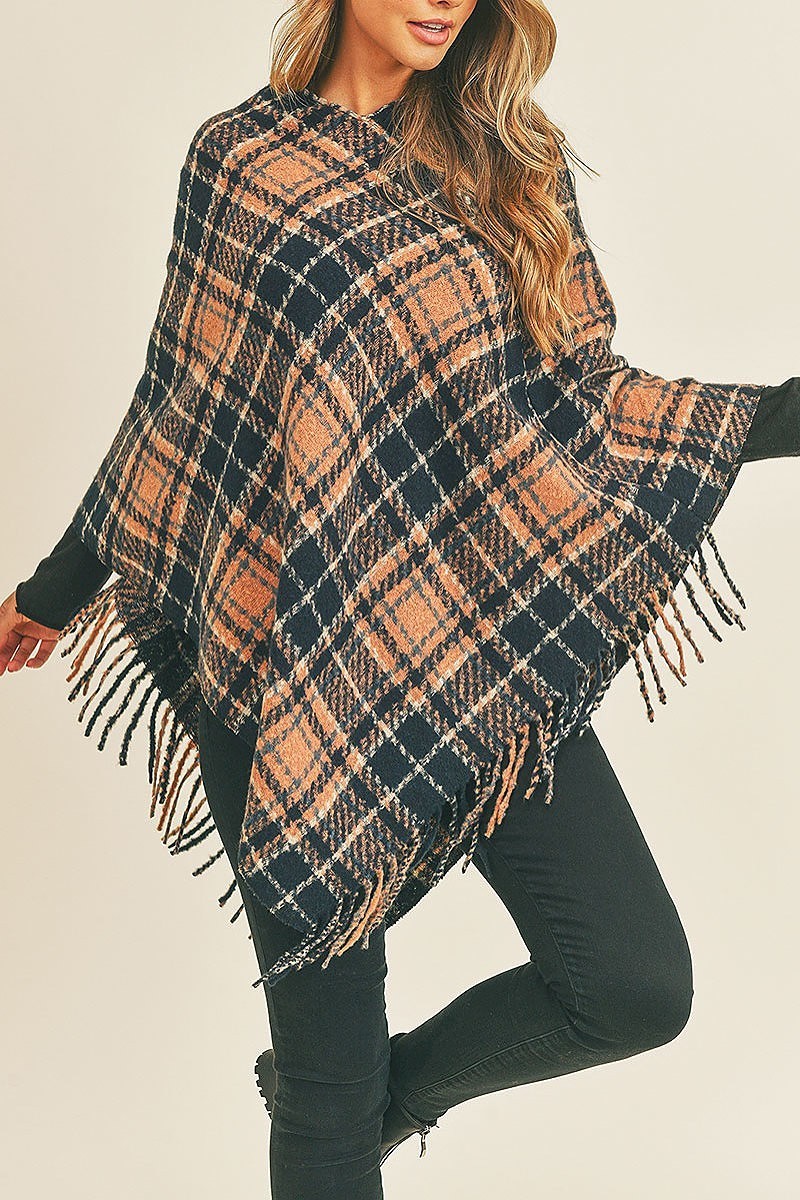 Multi plaid poncho with fringe (DGS5736)