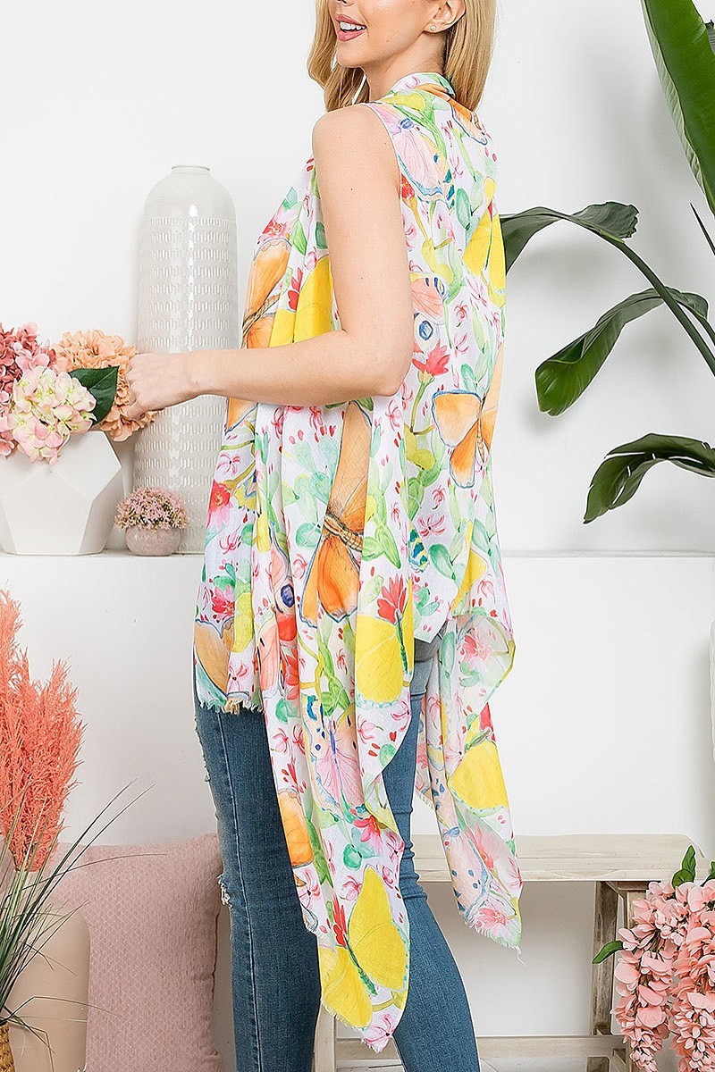 Tropical flower print open front kimono vest (EF5320)