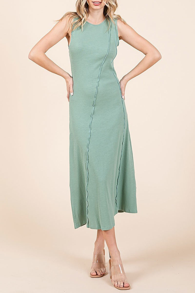 Solid sleeveless exposed seam rib knit midi dress (EDH2163)