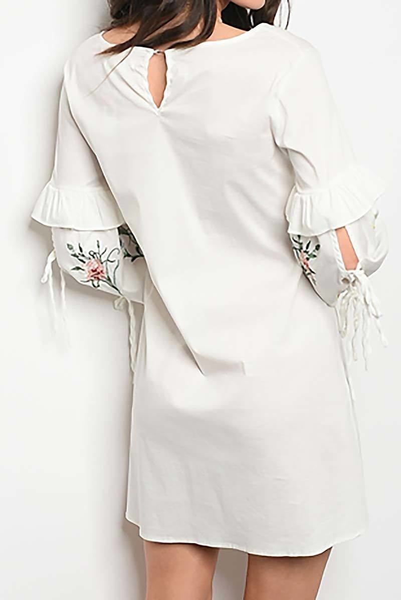 Round neck ruffle detail embroidered sleeve a line dress (DGD8800-MR2A)