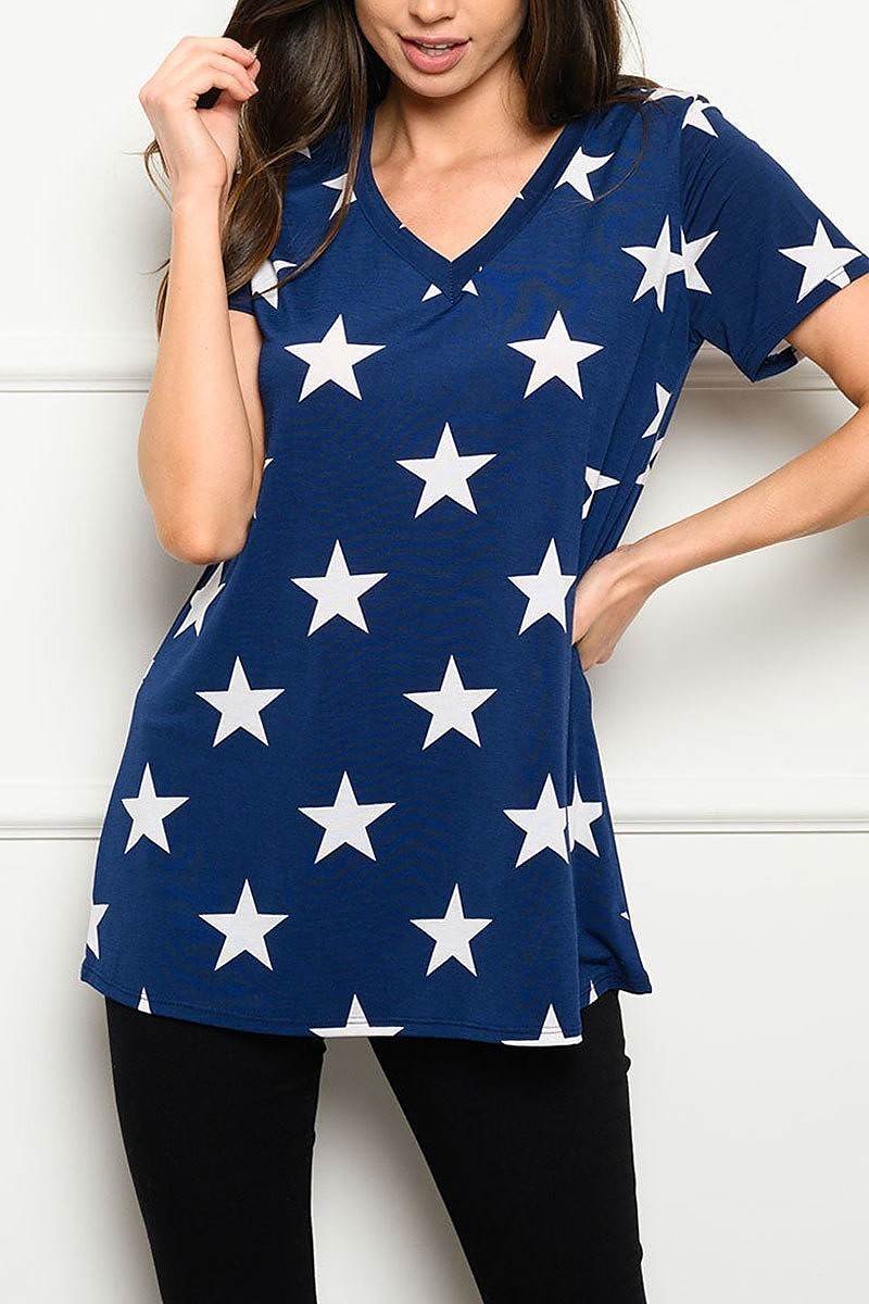 Short sleeve v neck stars print top (EDWT4357)