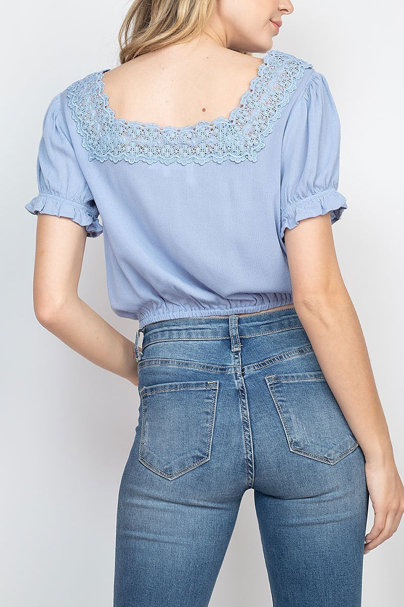 Square neck lace trimmed puff sleeve top (EF1848)