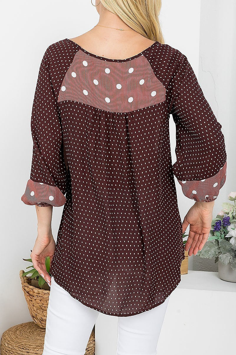 Mix polka dot print crisscrossed neck loose fit top (EF4221)