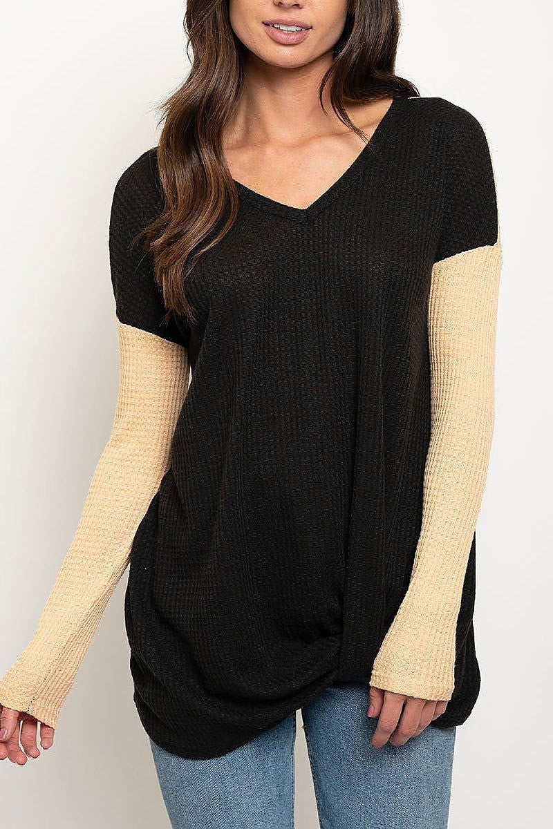 Twist hem v neck color block waffle top (EDWT2442)