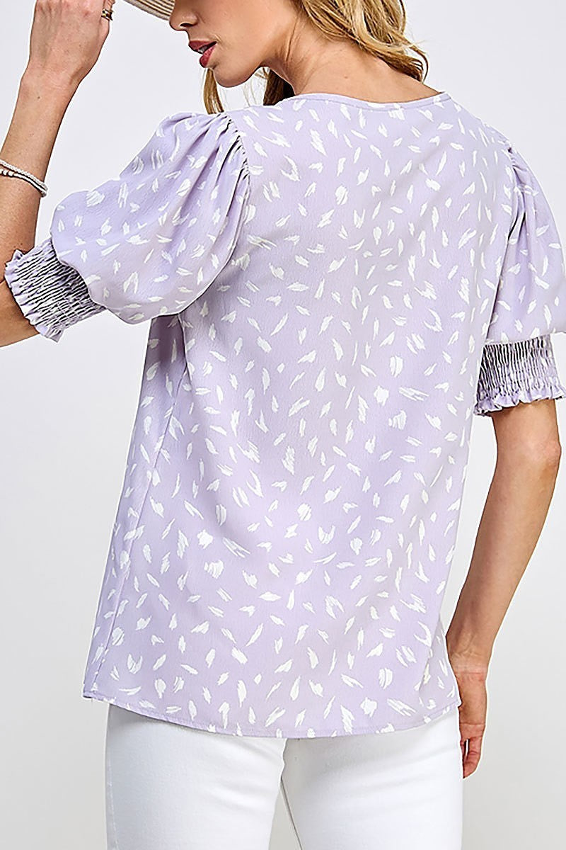 Round neck smocked puff sleeve woven print top (EF5520)