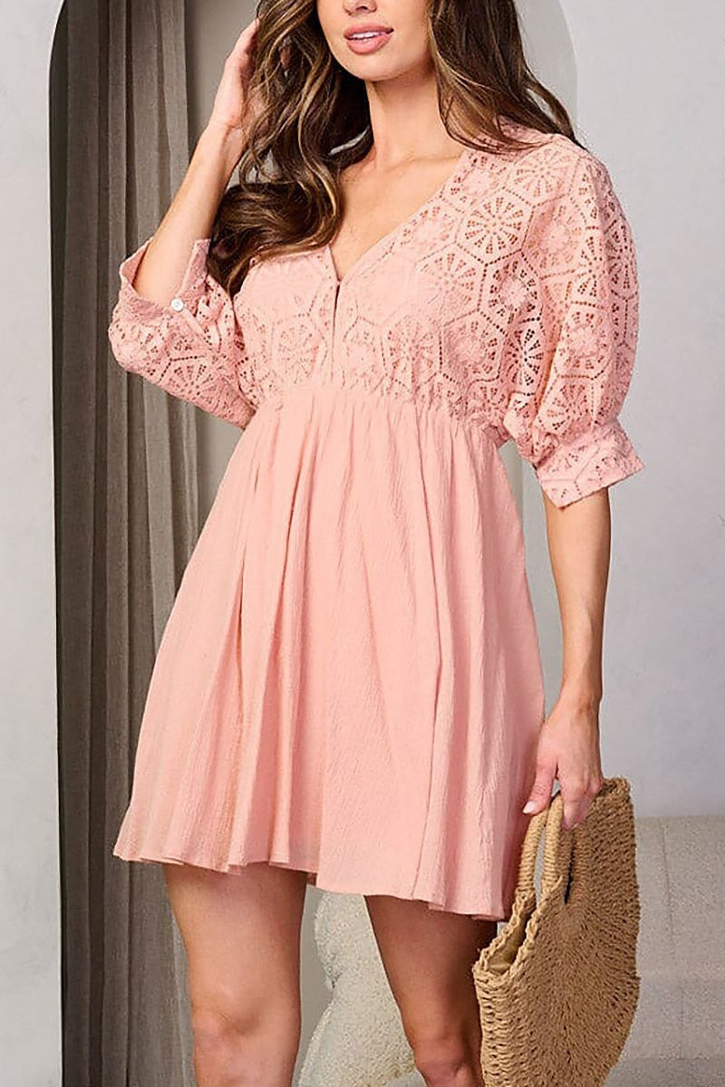 3/4 sleeves v-neck fit & flare mini dress (EFWT8130)