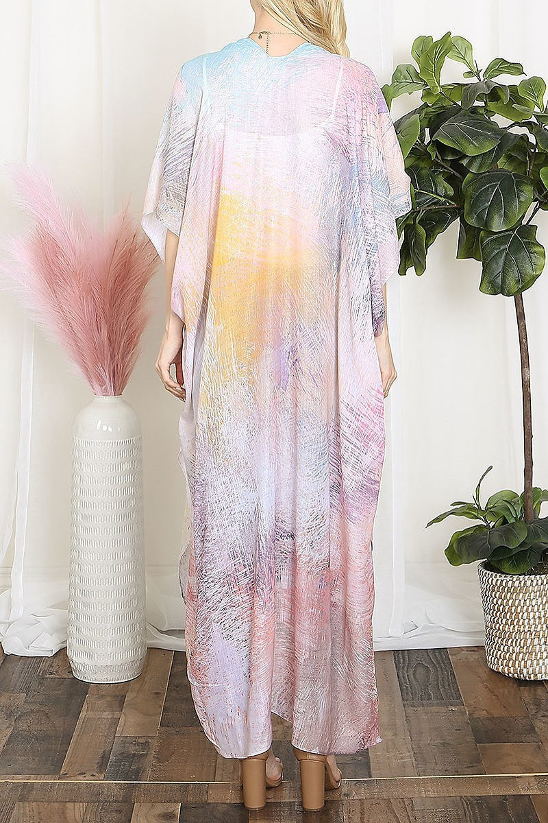 Tie dye multicolor splatter line print open front long kimono (EF5609)