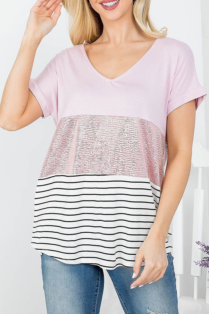 Stripe and sequin color block top (EF3918)