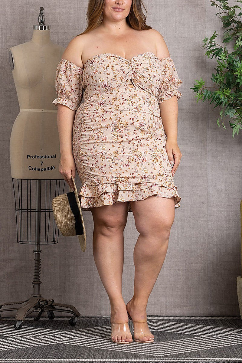 Smocked floral print off shoulder plus size mini dress (EDSW3056)