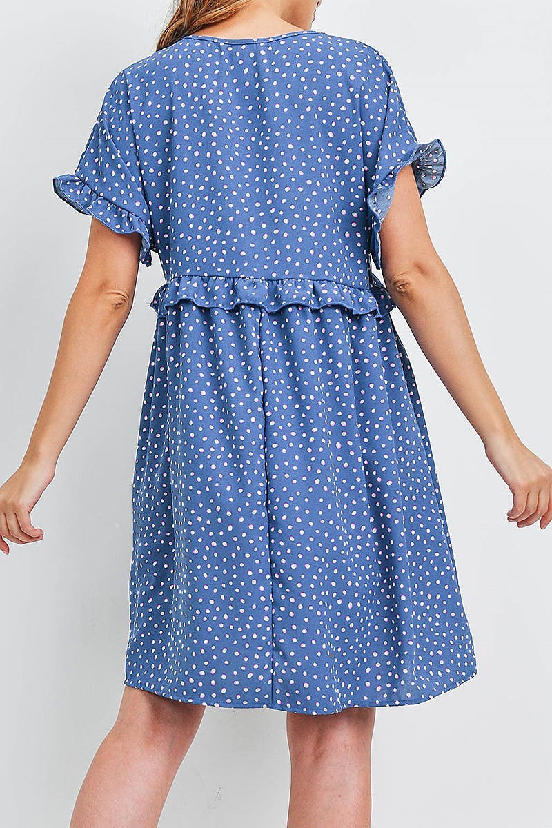 Ruffle detail baby doll dotted print dress (DED6505)