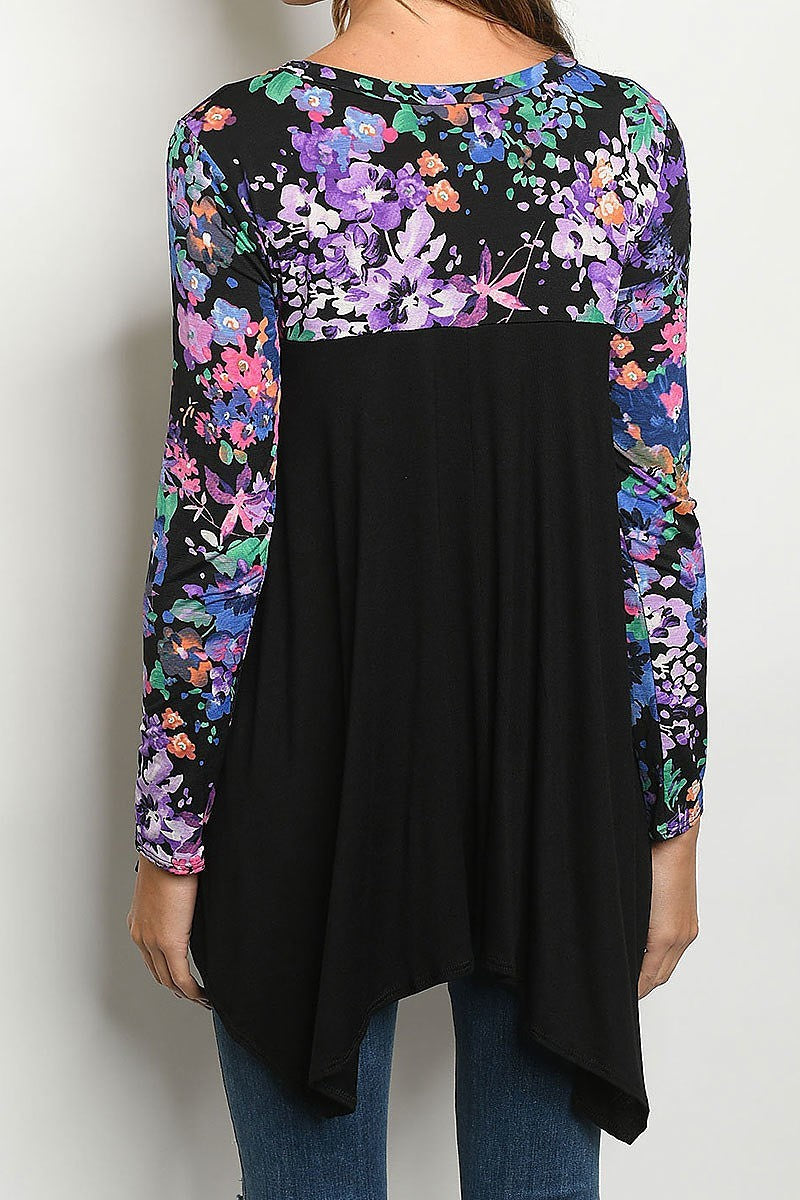 Floral print color block shark bite hem tunic top (ED7293-1)