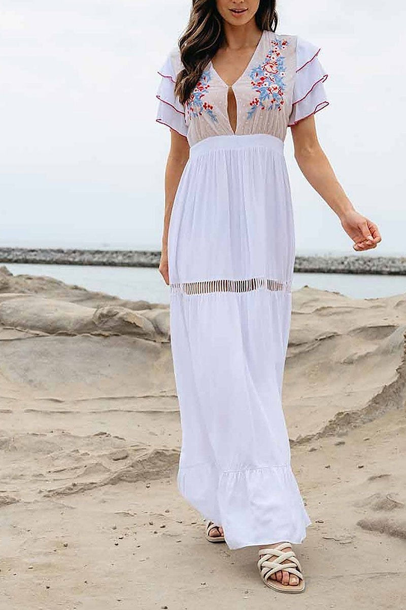 Short ruffle sleeve embroidery maxi dress (EGWT1183)