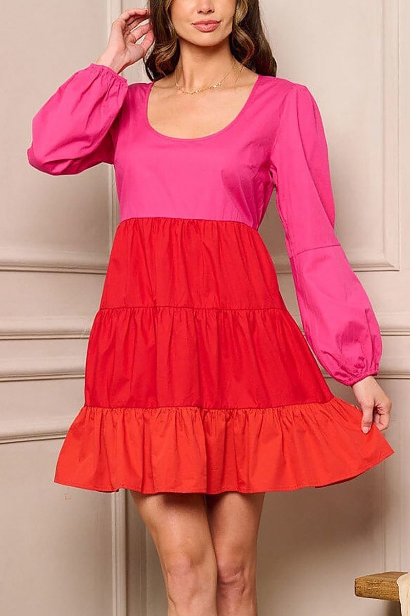 Long sleeve colorblock tiered mini dress (EFWT5468)