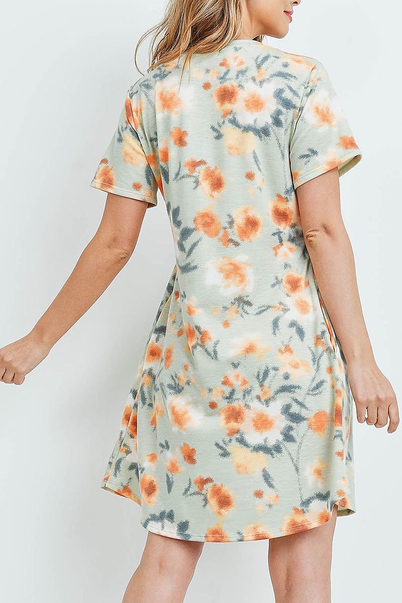 Painterly floral print short sleeves dress (DED6047)