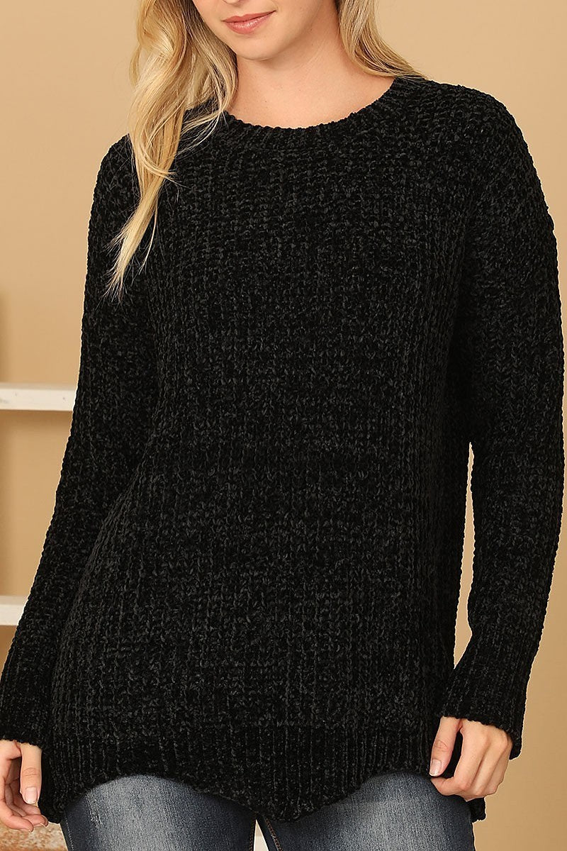 Round neck curved hem knit sweater (DGS6701-2)