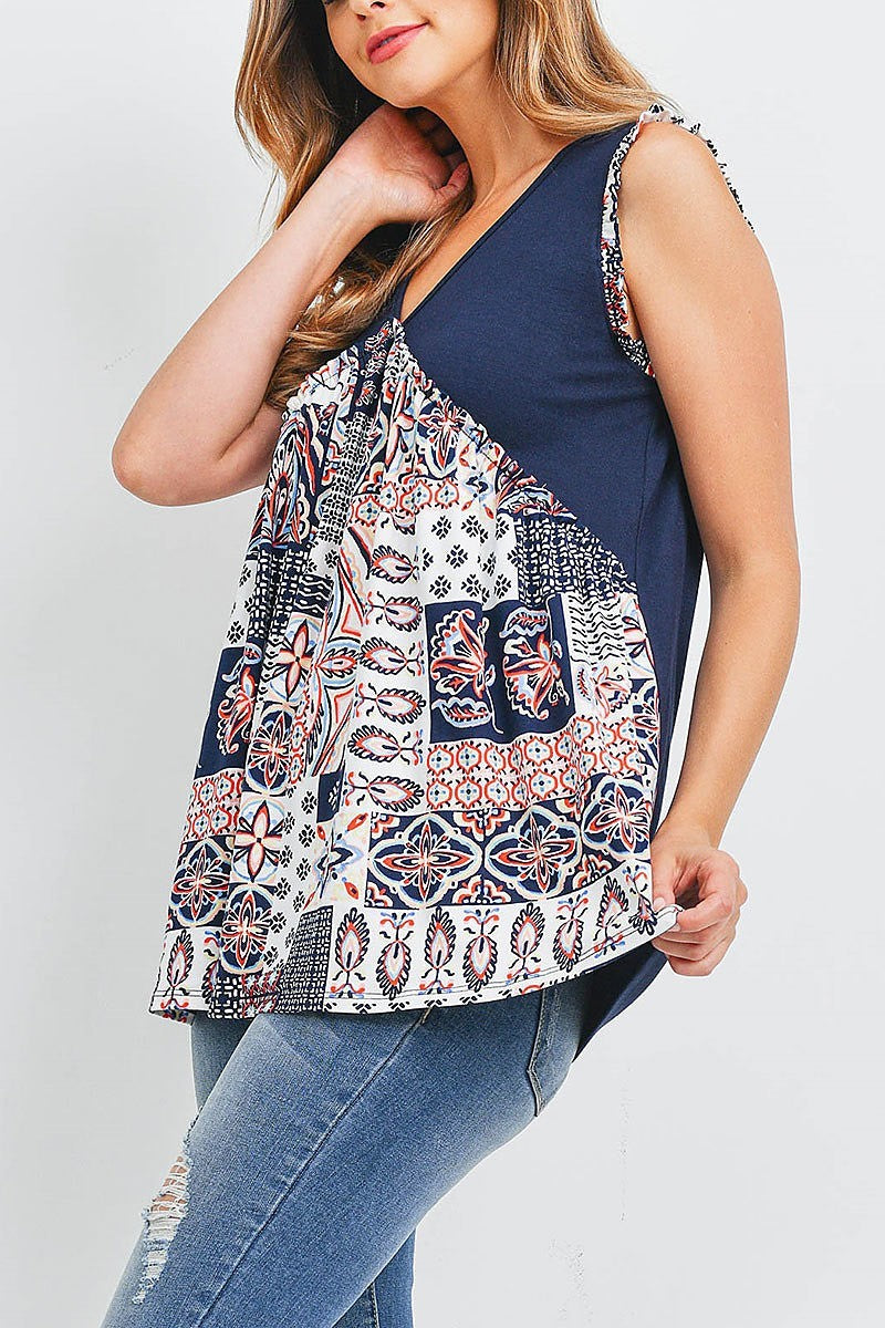 Solid yoke contrast printed sleeveless top (EF1945)