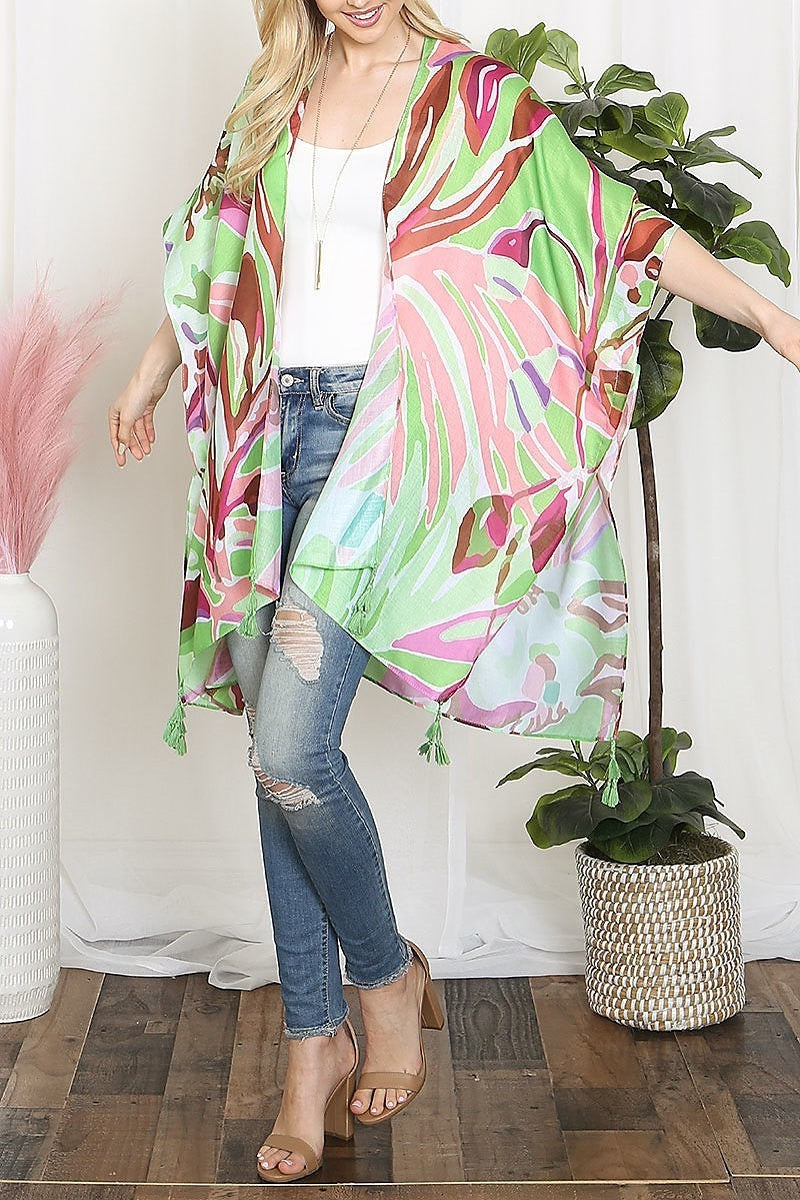 Abstract tropical print tassel open front kimono (EF5600)