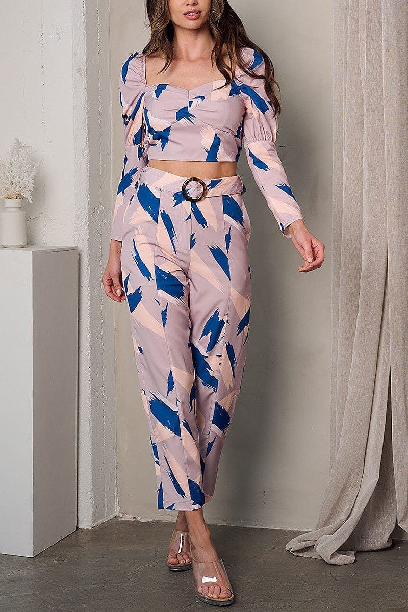 Long sleeve crop top & pants multi print set (EFWT2904)