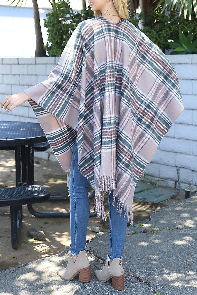 Plaid knit fringe open front kimono (DGS6071)