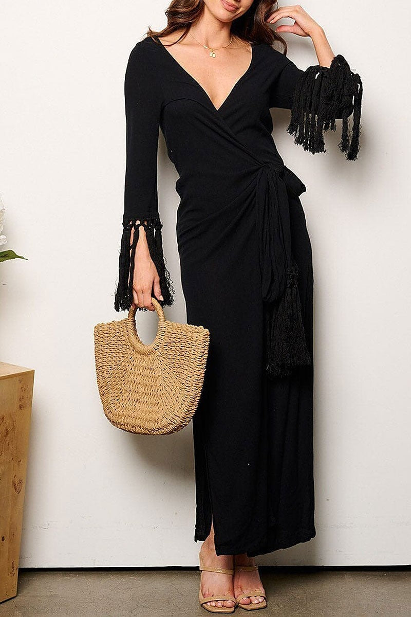 Long tassel sleeve v-neck wrap maxi dress (EGWT1030)