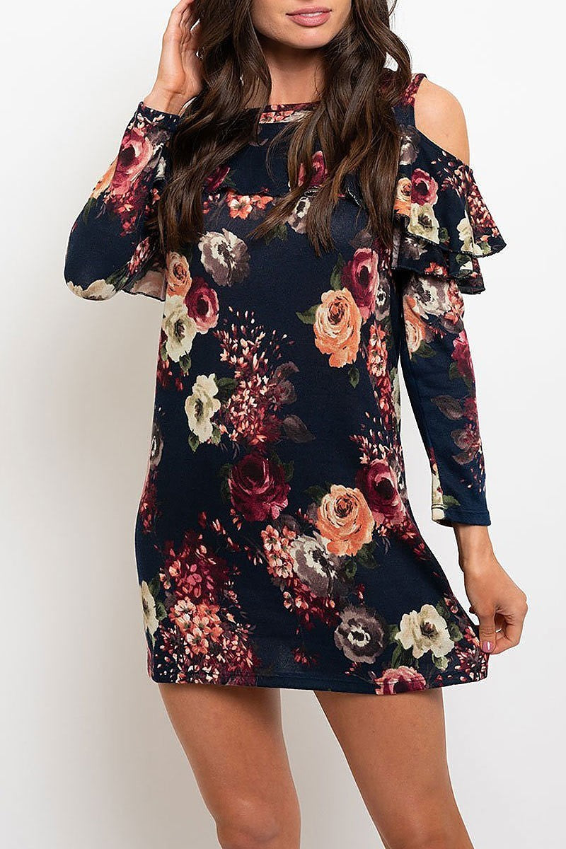 Cold shoulder floral knit mini dress (EDWT2237)