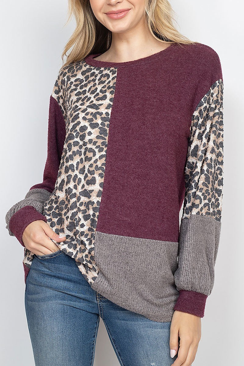 Long sleeve leopard contrast rib top (EF1967-1)